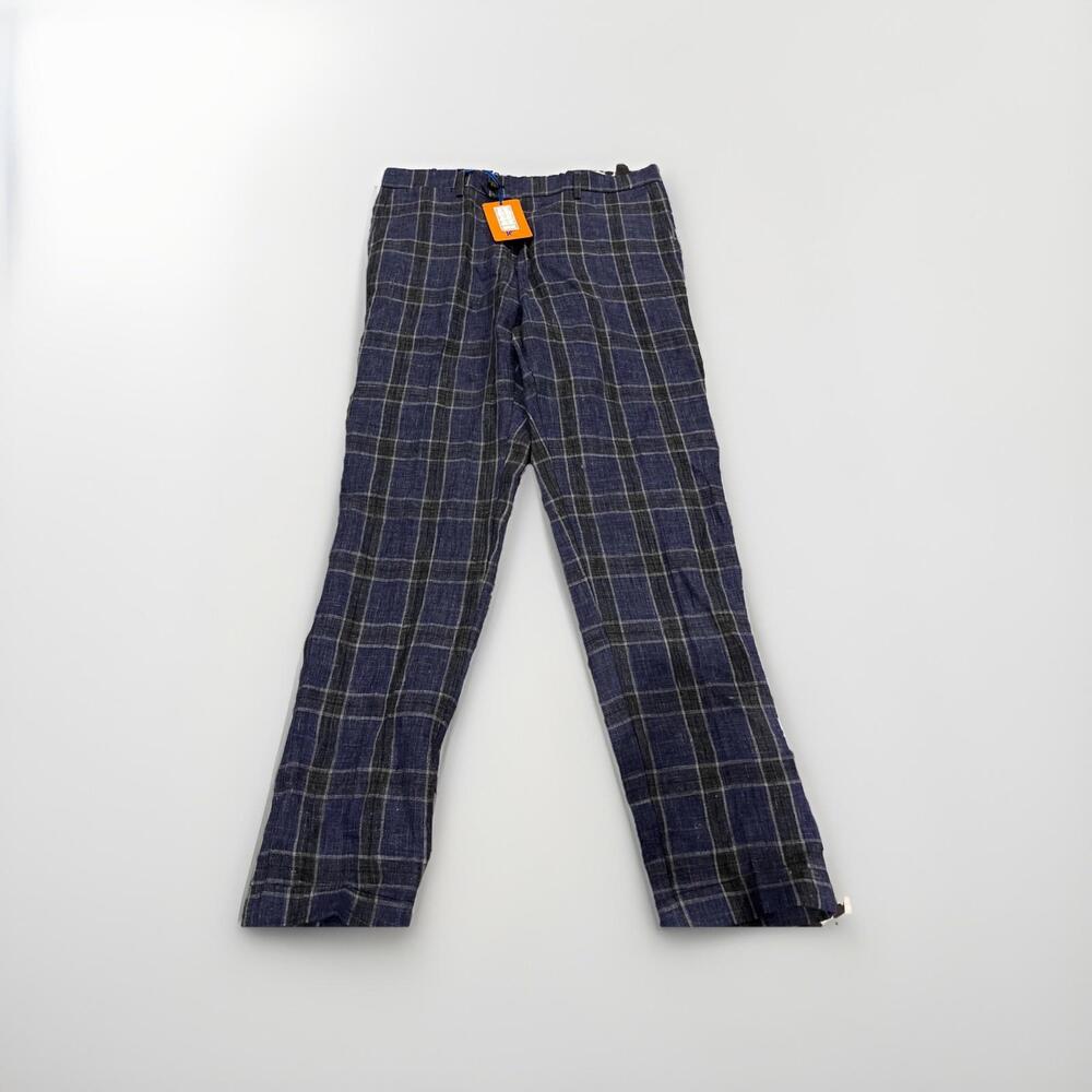 NEW WITH TAG PAURI CASATI MENS PANTS 34x31 100% LINEN BLUE PLAID ITALY